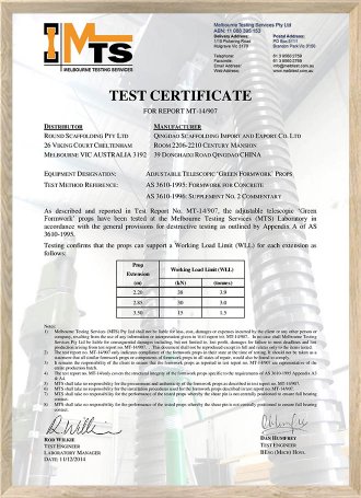 Green Formwork Certificate of Prop  in Australia
